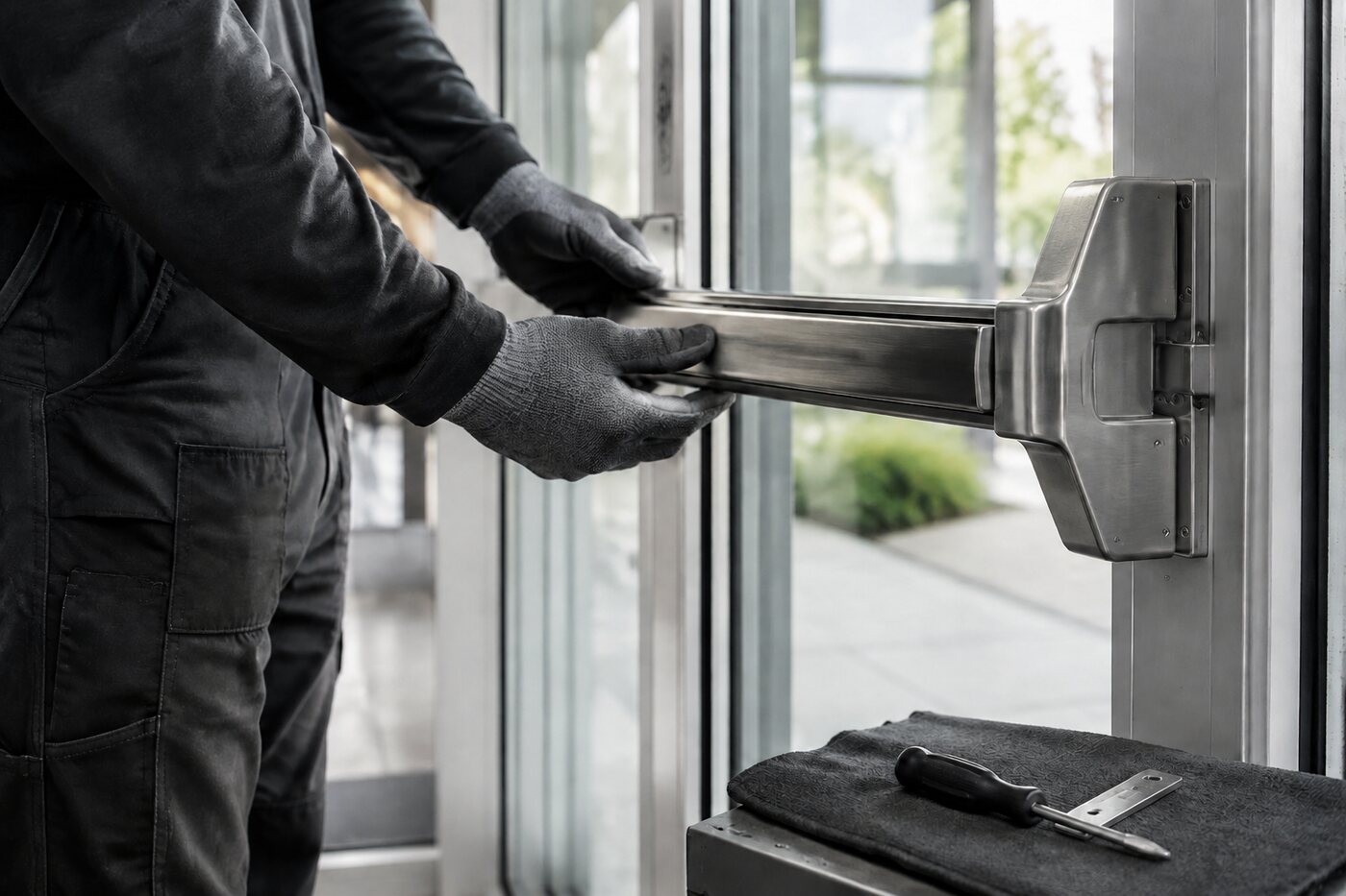 Commercial door lock hardware being serviced