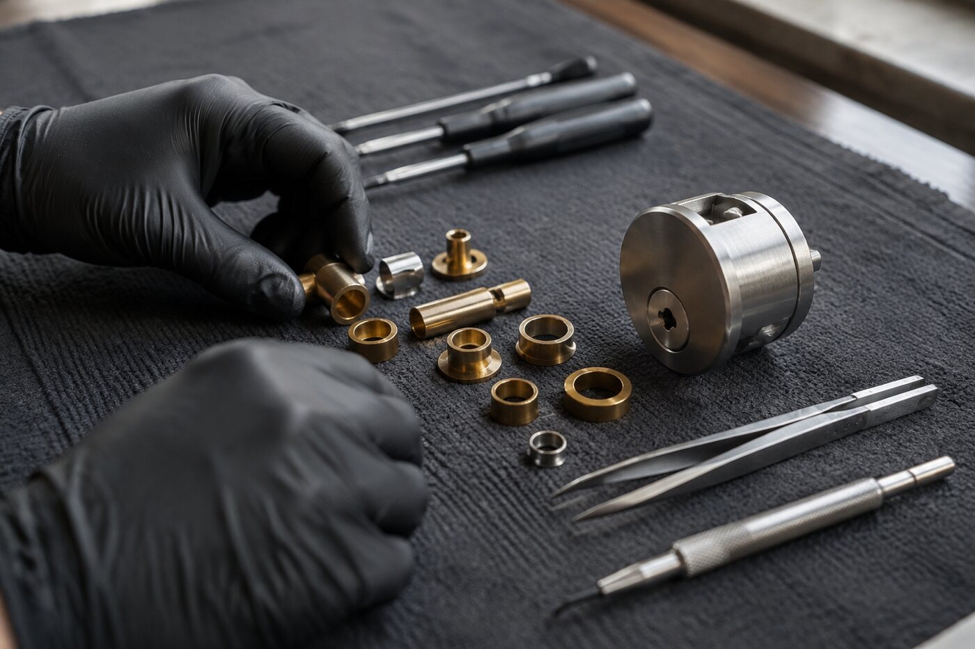 Residential lock hardware being professionally inspected